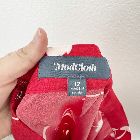 [ModCloth] It's A Wrap Red Cherry Heart Print Ruffle Faux Wrap Midi Skirt Sz 12 - Picture 11 of 11